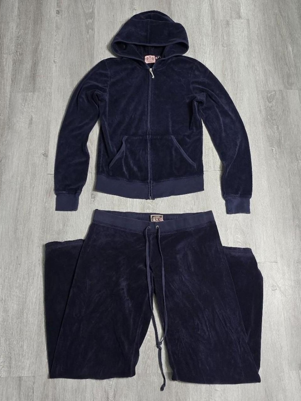 Vintage Y2K Juicy Couture Navy Blue Velour Velvet Tracksuit Set Flared Medium